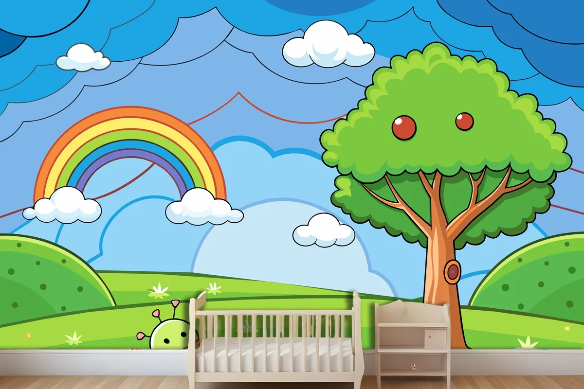 Eine Farbenfrohe Illustration Eines Regenbogens Mit Einem Baum Und Einem Regenbogen Im FototapetenWandbild