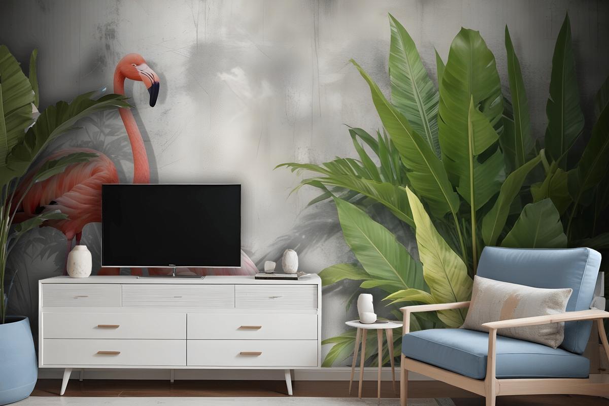 Fototapete Rosa Flamingo Mit Tropischen Blättern Im 3DLook