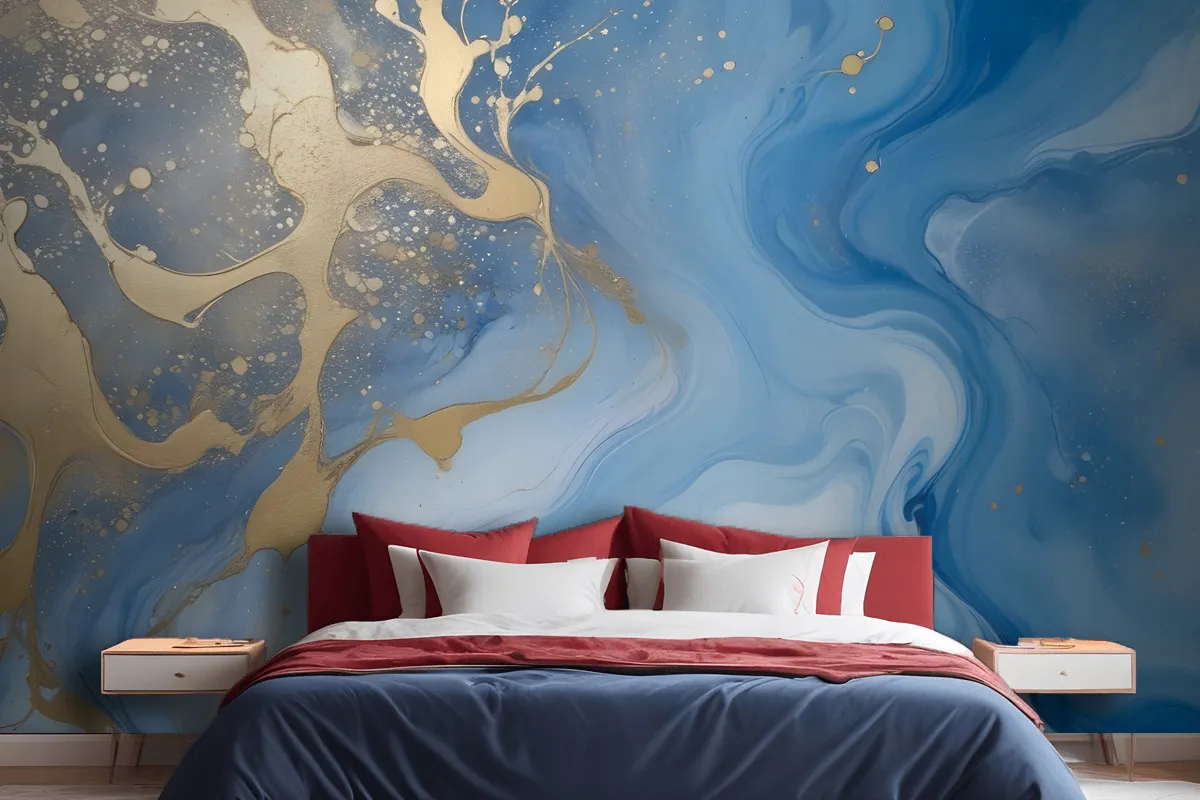 Fototapete Abstrakte Fluid Art Malerei Blau Und Gold Fürs Schlafzimmer