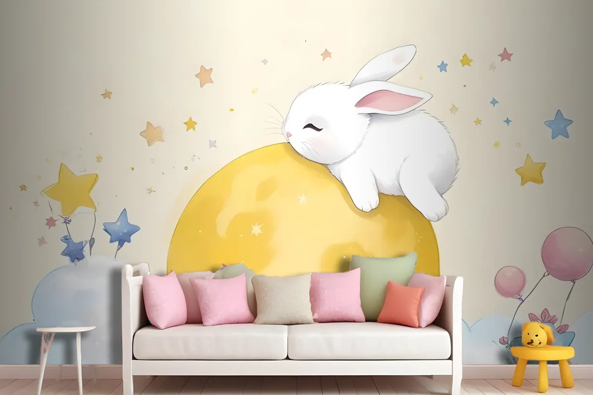 Baby Cartoon Hase und Gelber Mond Tapetenbild