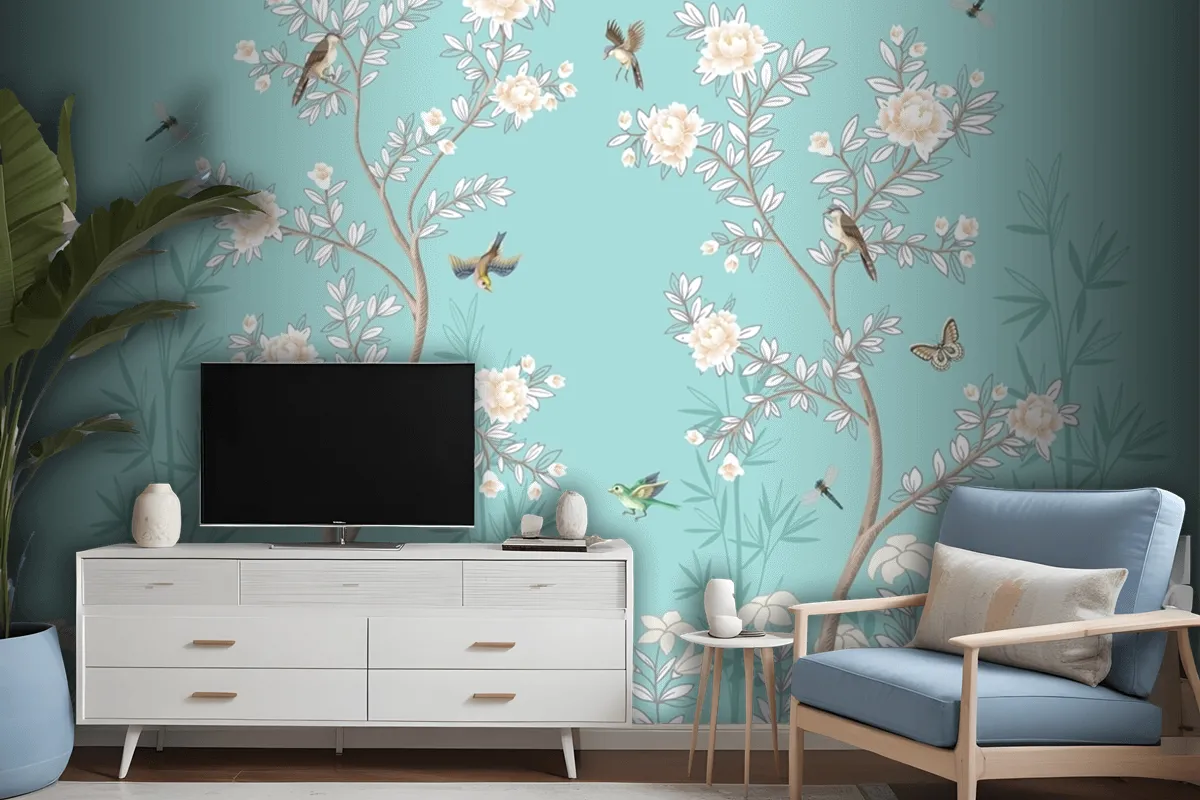 Chinoiserie Wandbild Mit Pfingstrosen Und Vögeln Türkis Fototapete