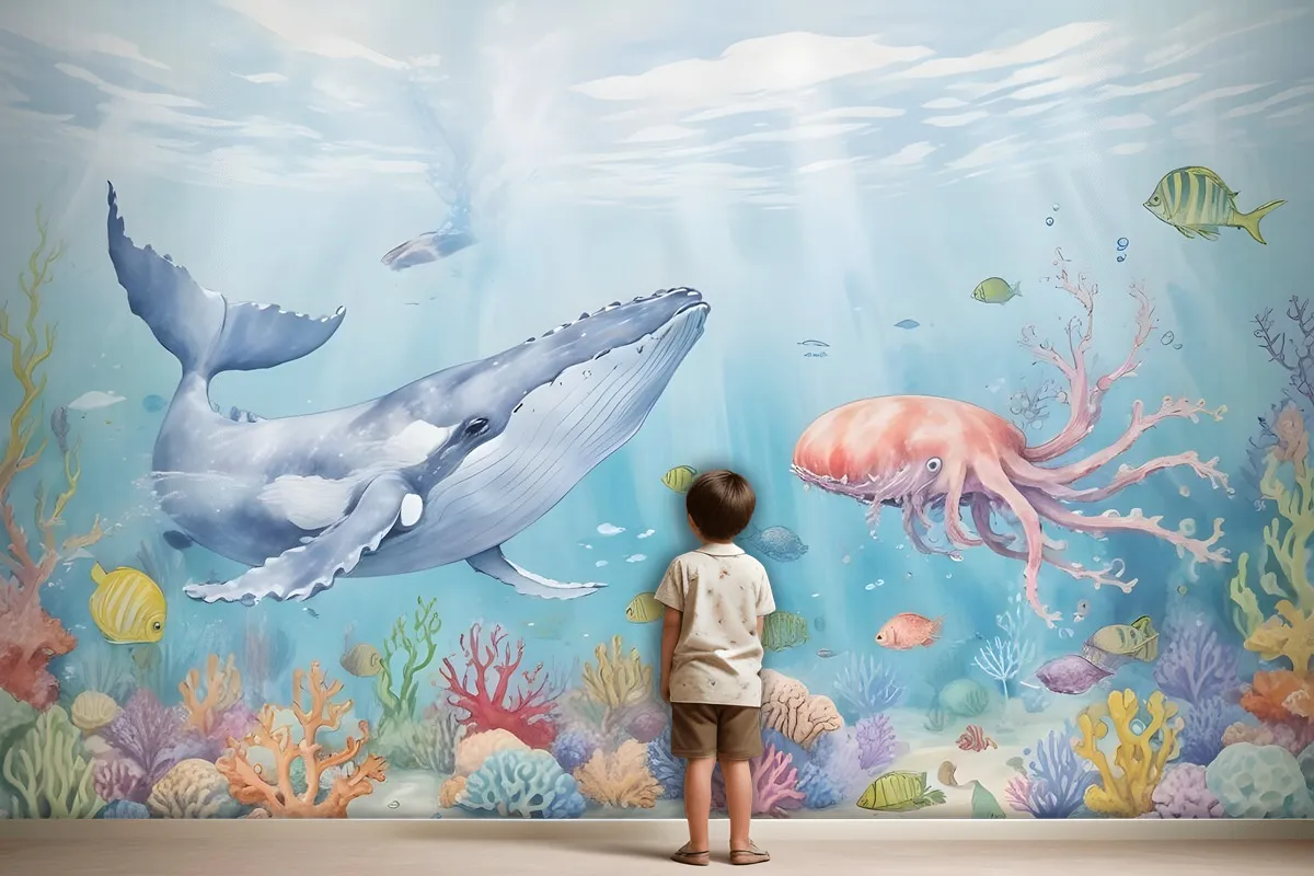 Fototapeten Unterwasserwelt Für Kinder Mit Niedlichen Walen