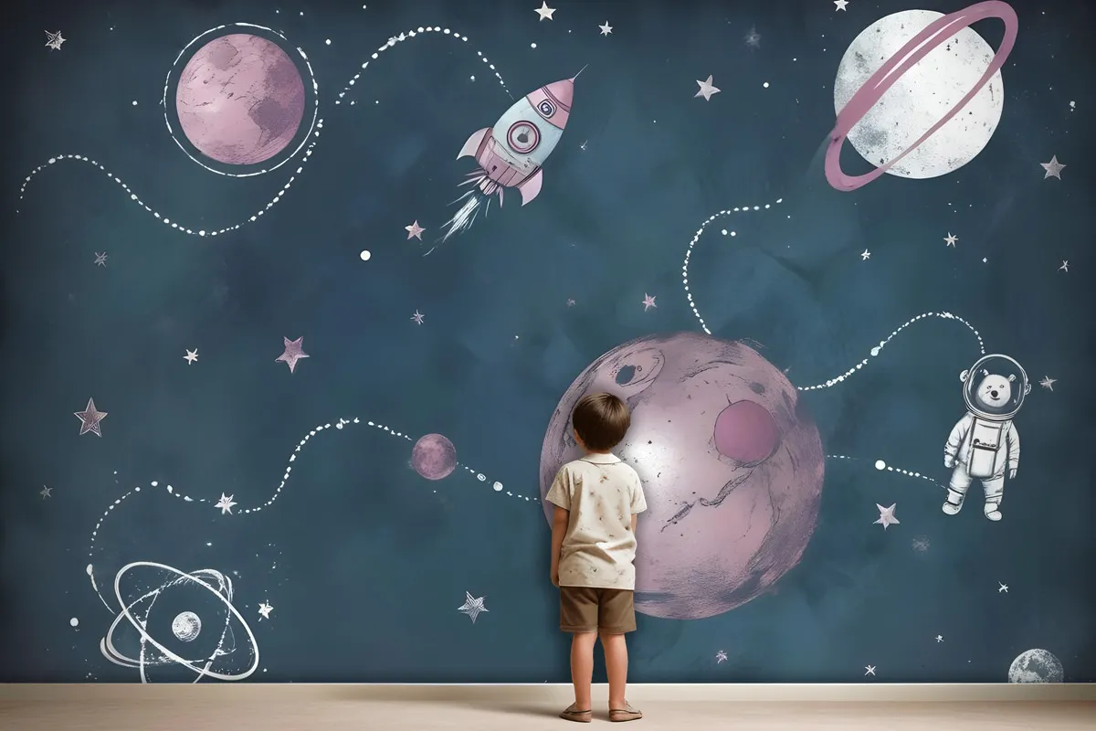 Fototapete Leuchtender Weltraum Mit BärenAstronauten In Aquarell Für Kinder