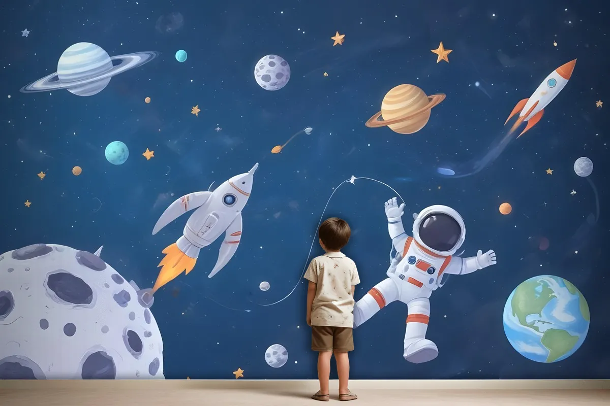 Fototapete Weltraum Mit Raumschiff Und Astronauten In Aquarell Für Kinder