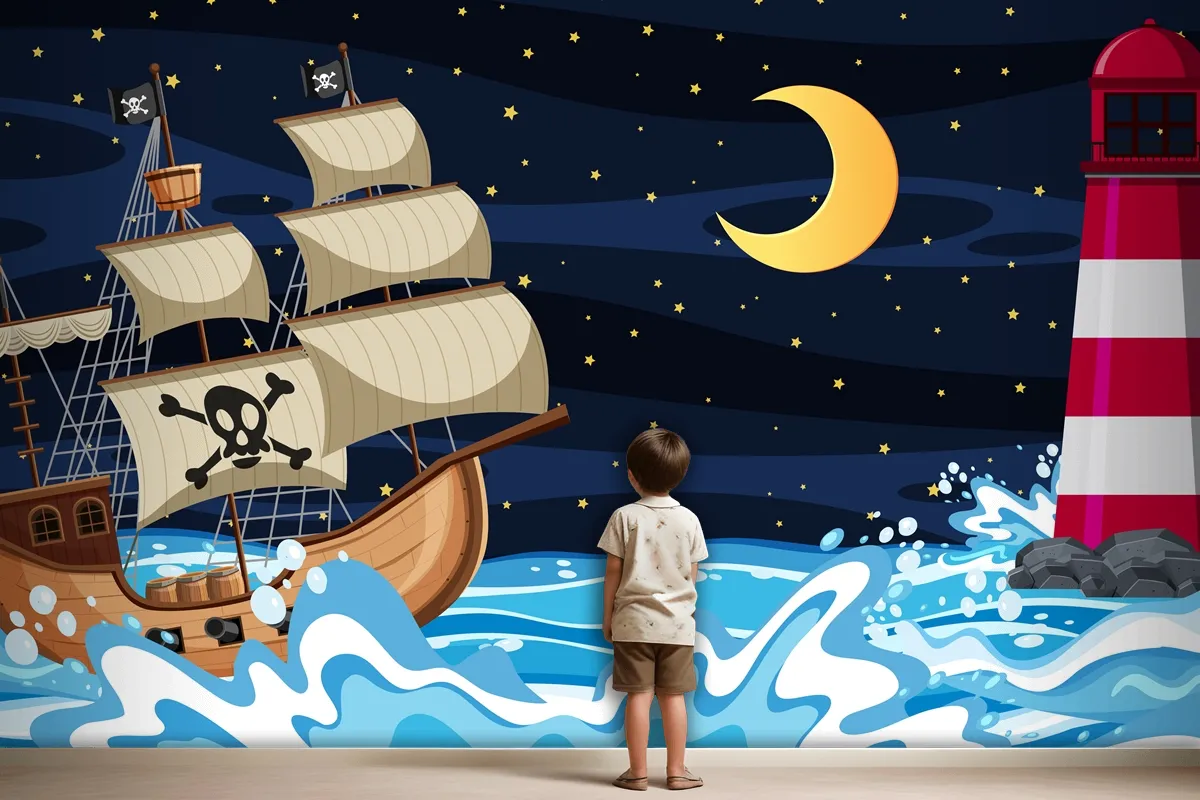 Fototapete Meeresszene Bei Nacht Mit Piratenschiff Im CartoonStil