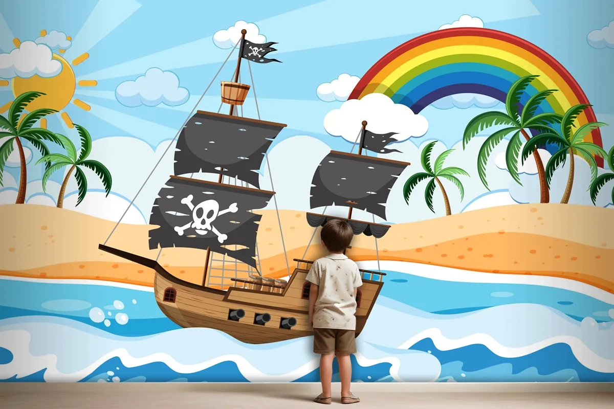 Fototapete Ozean Mit Piratenschiff Bei Tag Szene Im Cartoon Stil