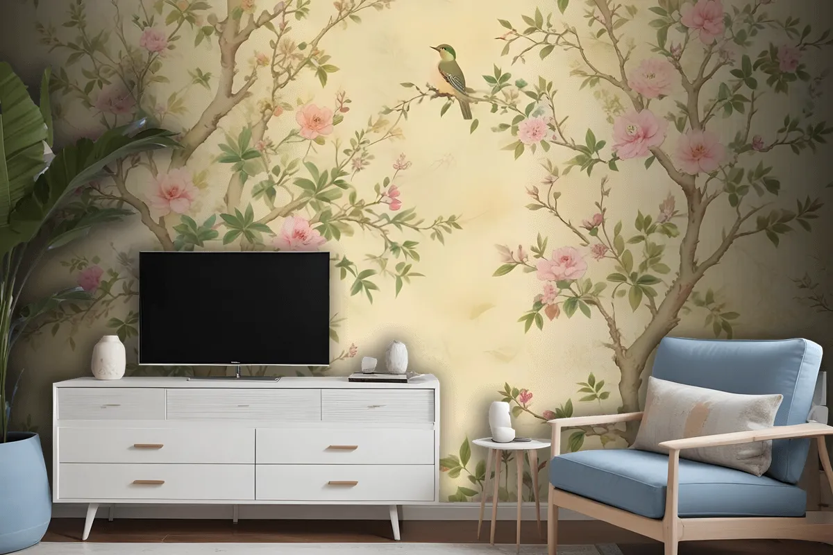 Fototapete Frühlingsblumen Und Vögel Auf Gelbem Hintergrund Mit Floraler Chinoiserie