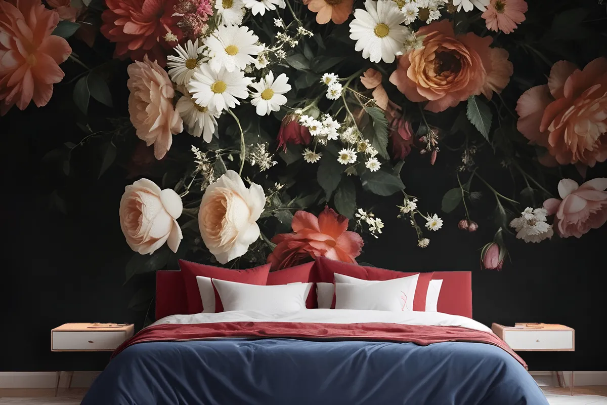 Fototapete Ein Strauß Lebendiger Blumen Fürs Schlafzimmer Im VintageStil