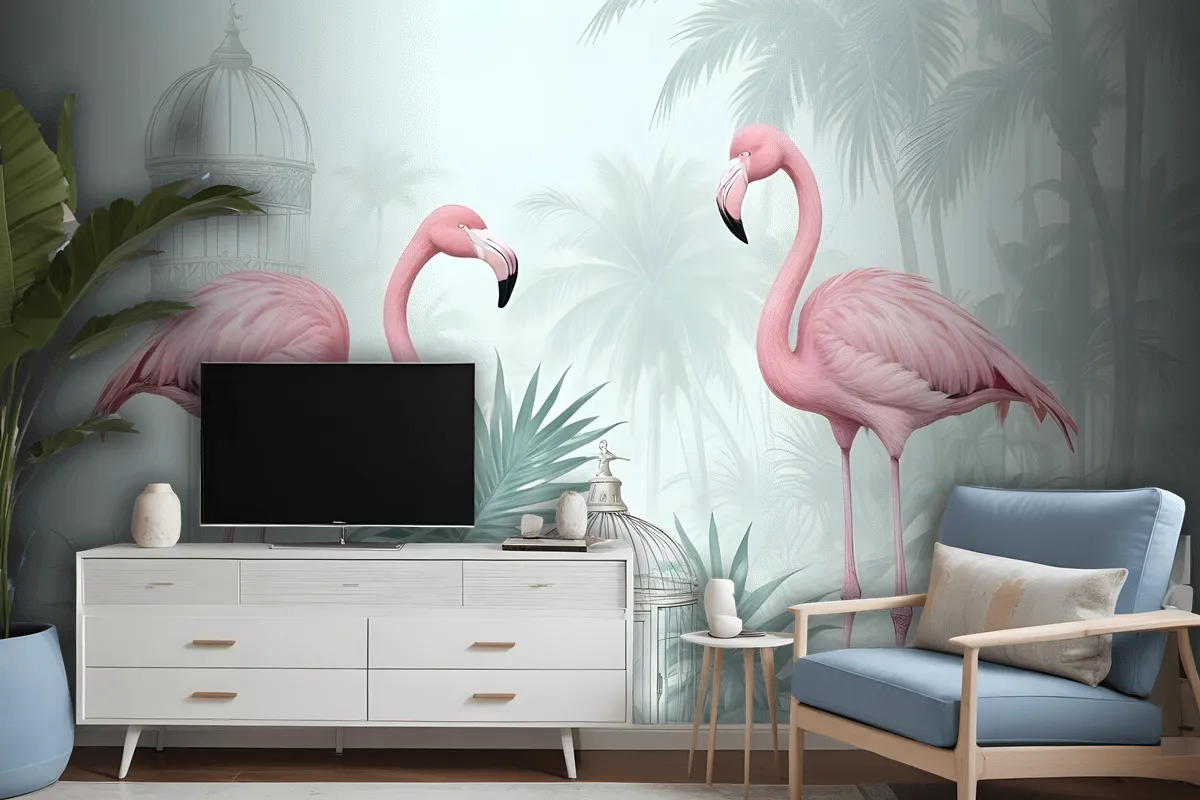 Fototapete VintageFlamingo In Rosa Mit Tropischen Blättern