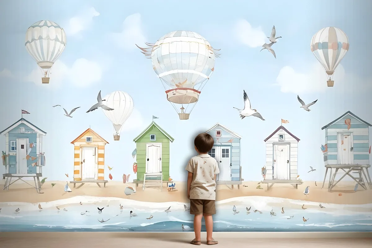 Aquarell Kinder Strandhaus Mit Heißluftballons