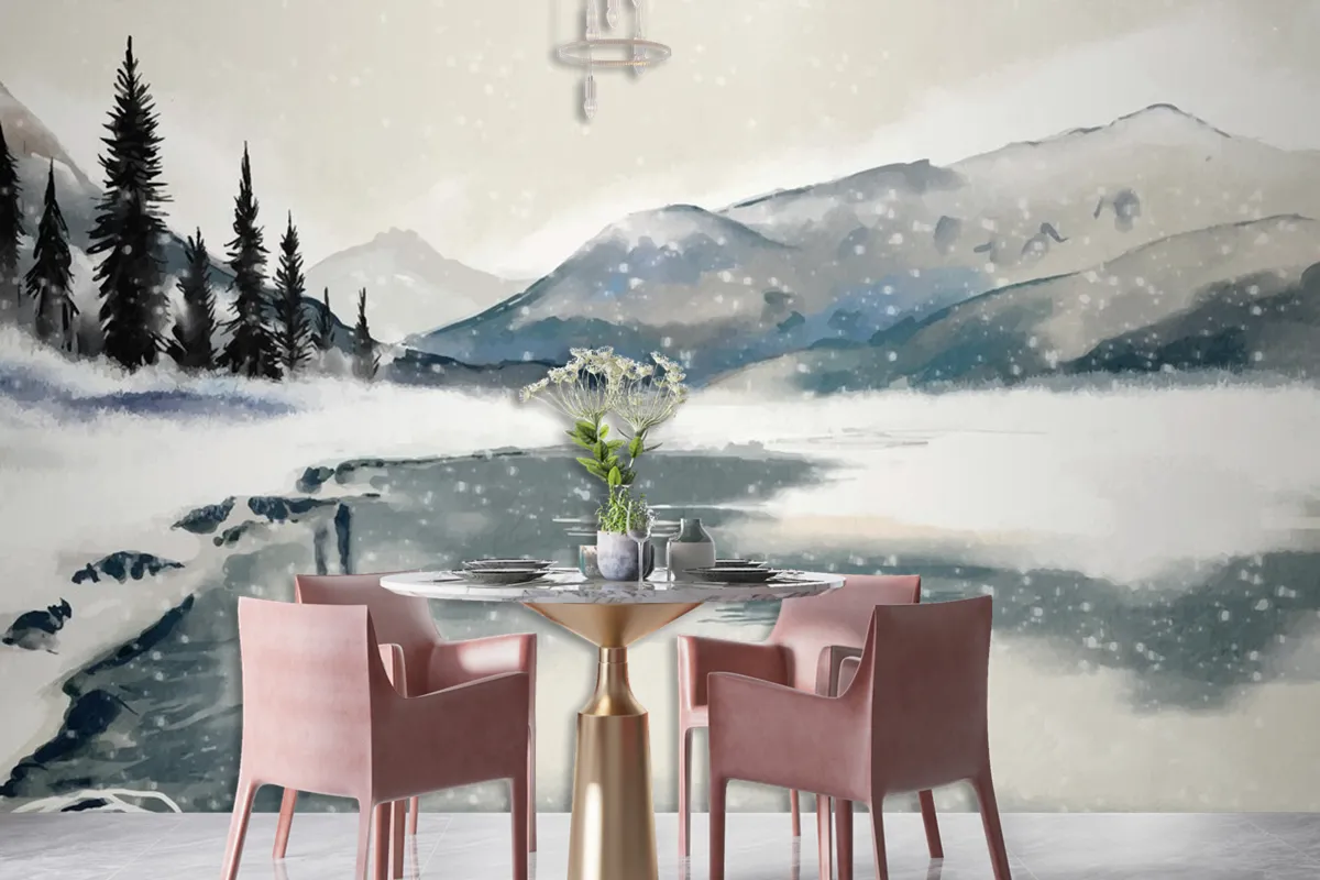 Fototapete Winterlandschaft Im AquarellStil Fürs Esszimmer