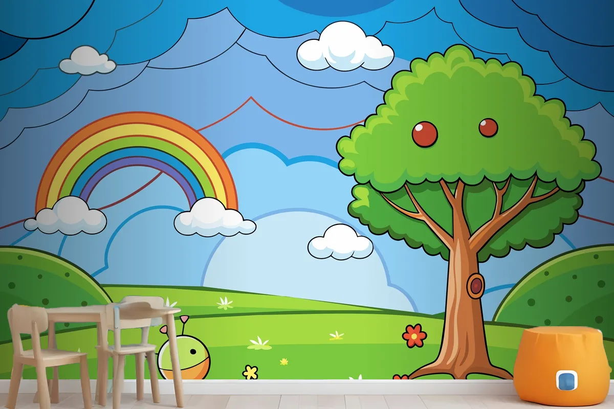 Eine Farbenfrohe Illustration Eines Regenbogens Mit Einem Baum Und Einem Regenbogen Im FototapetenWandbild