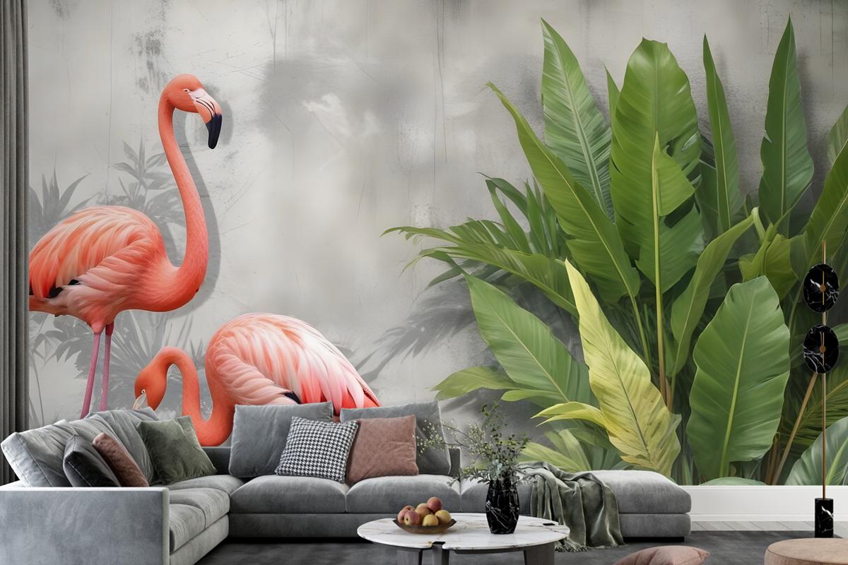 Fototapete Rosa Flamingo Mit Tropischen Blättern Im 3DLook