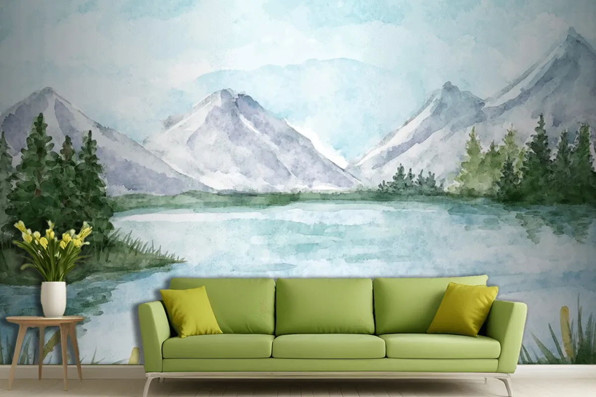 Fototapete Seelandschaft In Aquarell Für Wohnzimmer