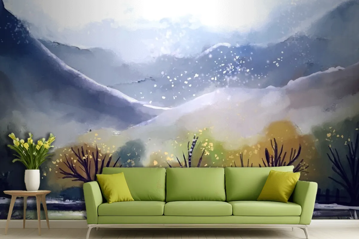 Fototapete Berglandschaft In Aquarell Fürs Wohnzimmer