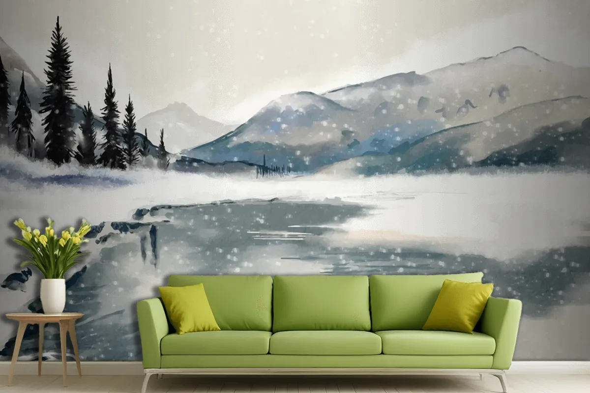 Fototapete Winterlandschaft Aquarell Fürs Wohnzimmer