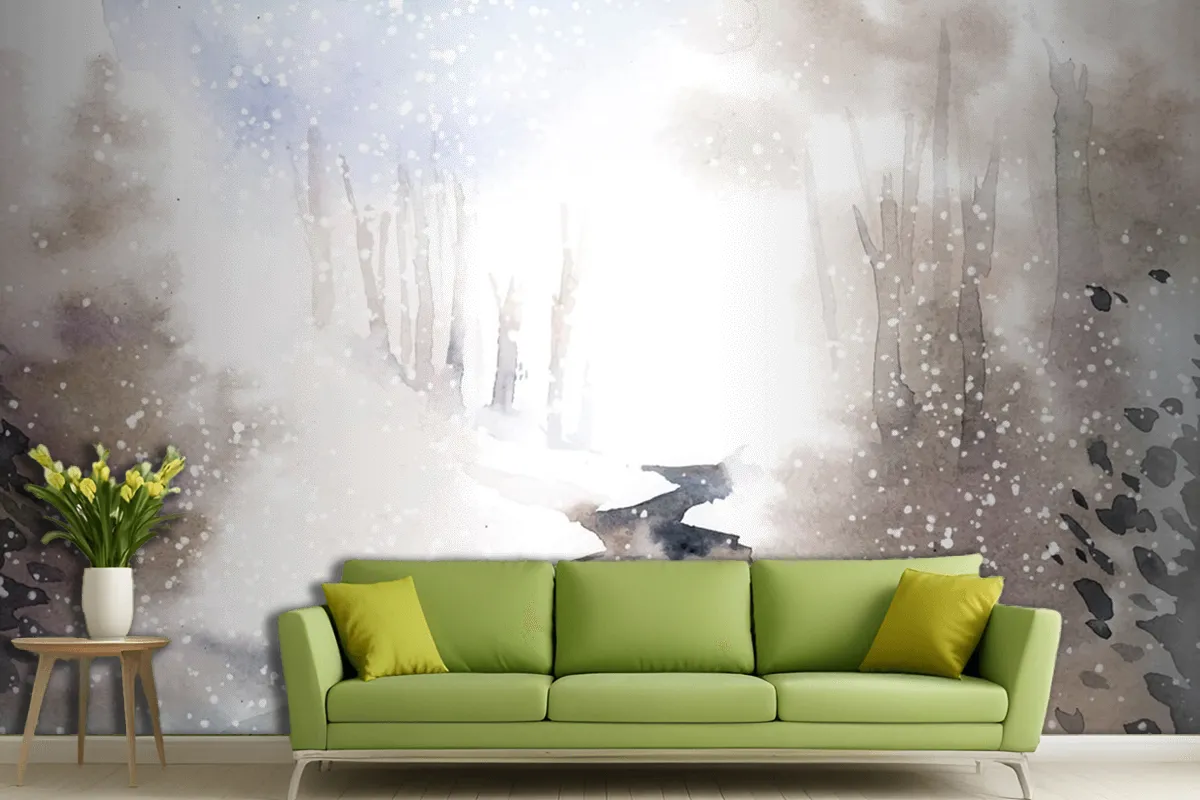 Fototapete Winterwunderlandlandschaft Gemalt Mit Wasserfarben Für Das Wohnzimmer