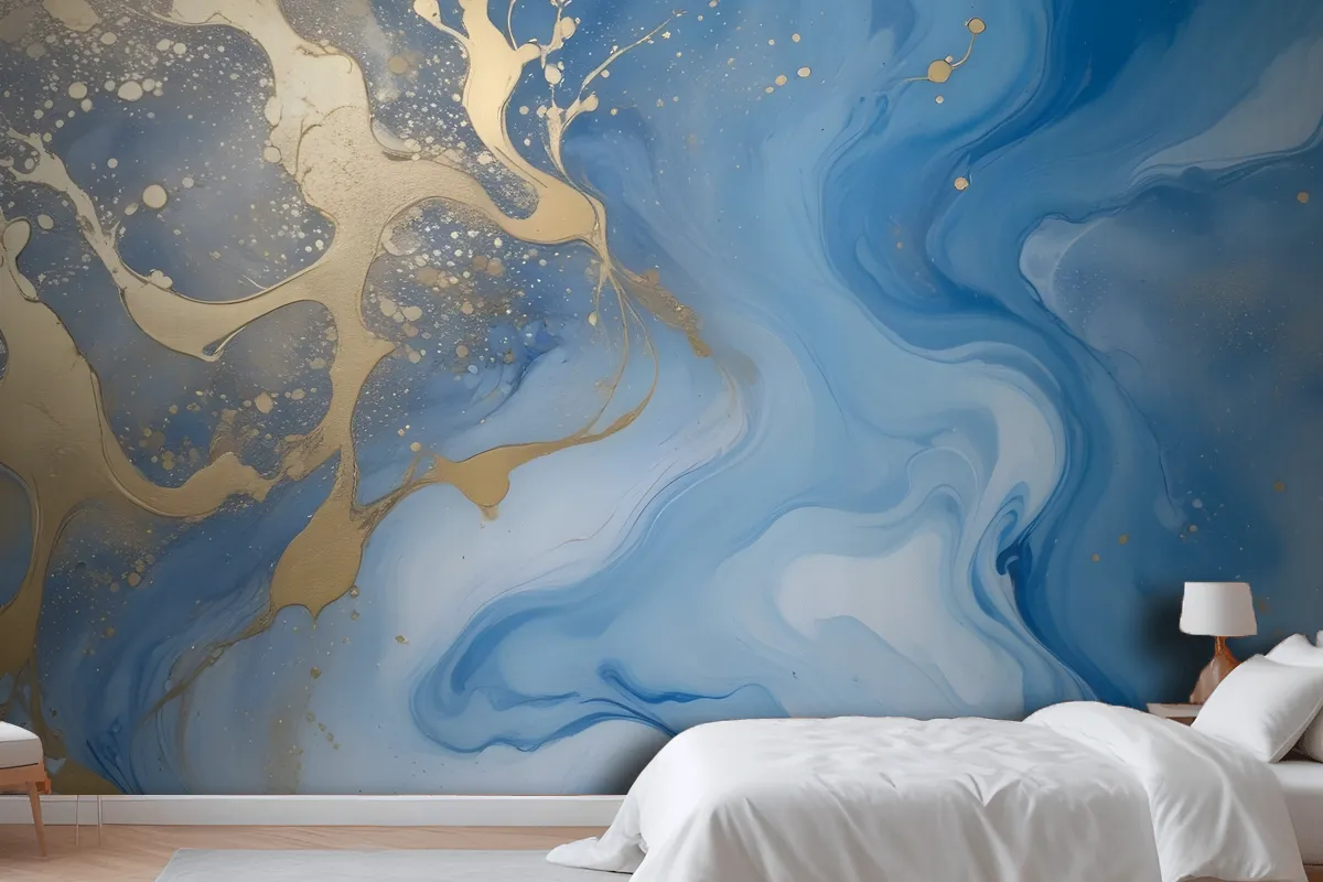 Fototapete Abstrakte Fluid Art Malerei Blau Und Gold Fürs Schlafzimmer