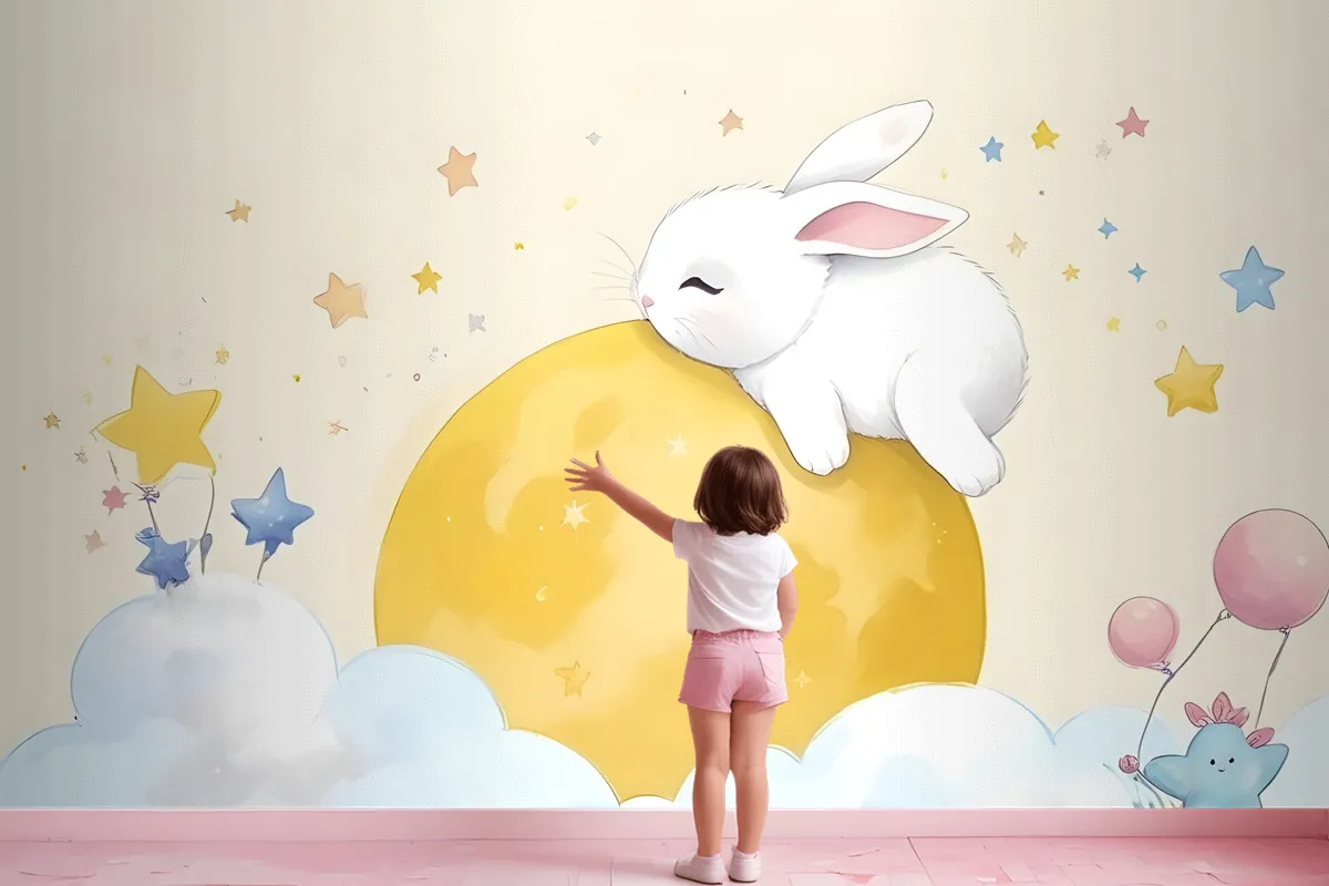 Baby Cartoon Hase und Gelber Mond Tapetenbild