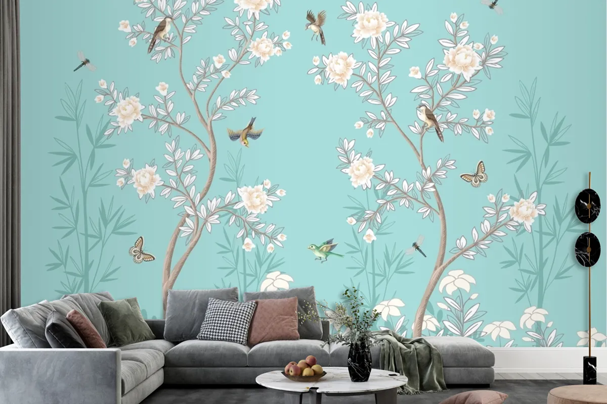 Chinoiserie Wandbild Mit Pfingstrosen Und Vögeln Türkis Fototapete