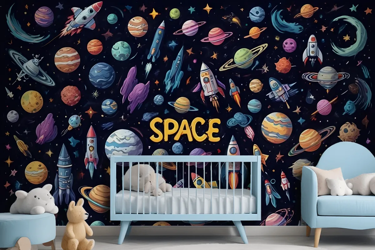 Fototapete Cartoon Weltraum Mit Astronauten Und Bunten Planeten Für Kinder