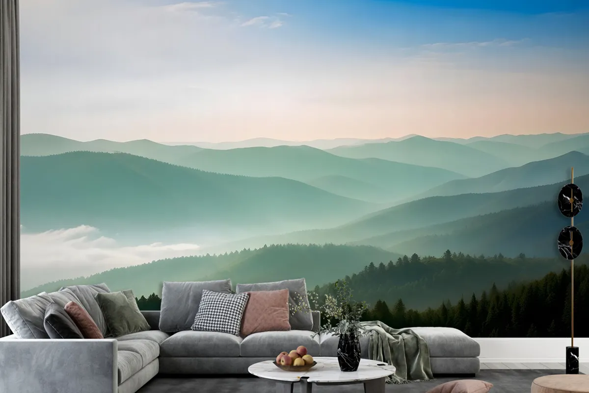 Fototapete Landschaftsbild Nebliger Berg Grüner Wald