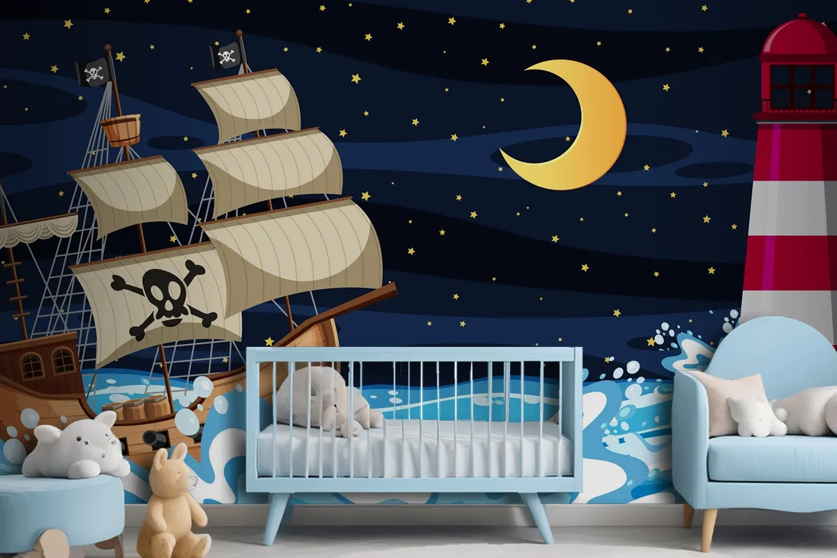 Fototapete Meeresszene Bei Nacht Mit Piratenschiff Im CartoonStil