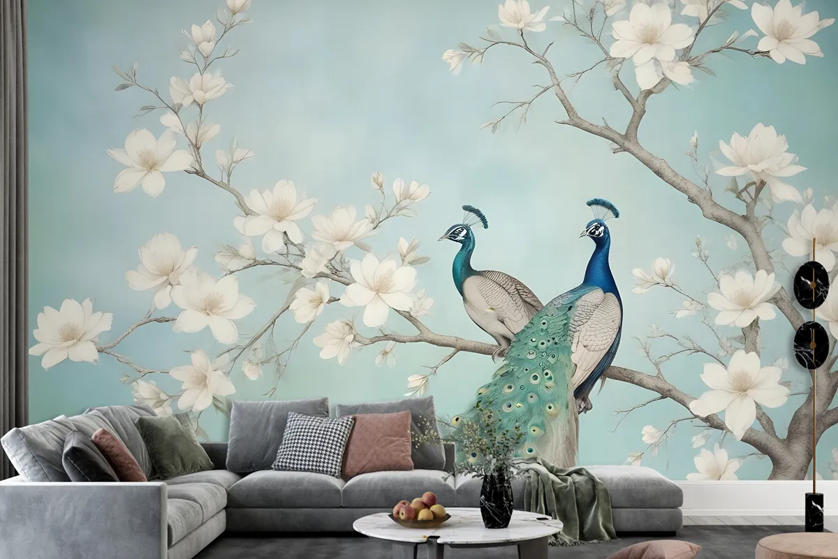 Fototapete Pfau Mit Magnolienblüte