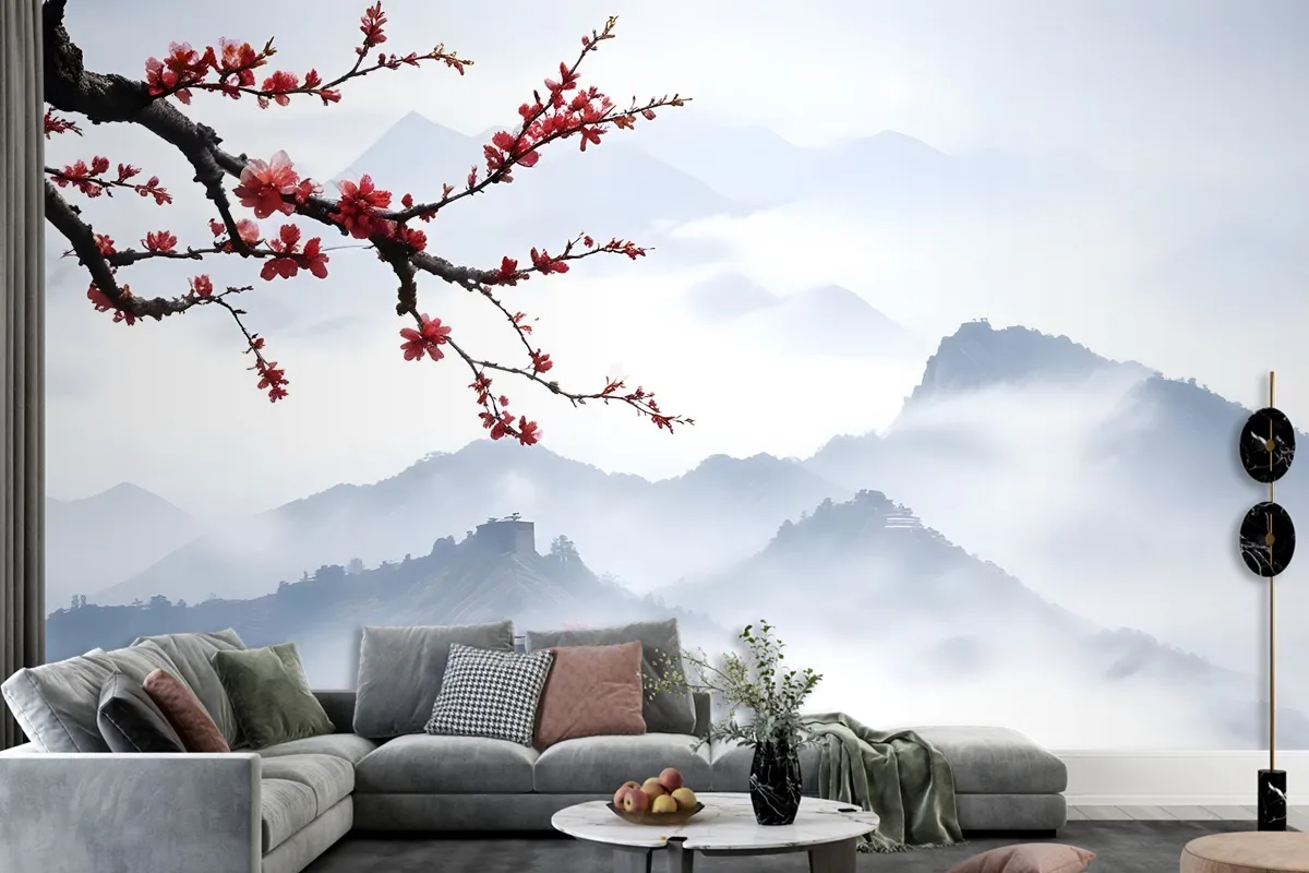 Fototapete Verschneite Berglandschaft Mit Kirschblüten