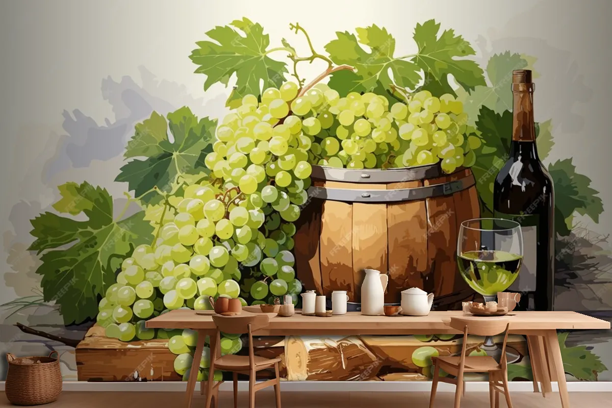 Fototapete Stillleben Mit Einer Flasche Weißwein Einem Glas Wein Und Trauben Auf Einem Tisch In Den Weinbergen