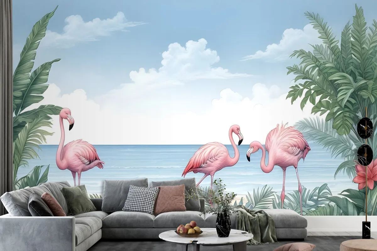 Fototapete Tropische Landschaft Mit Flamingos