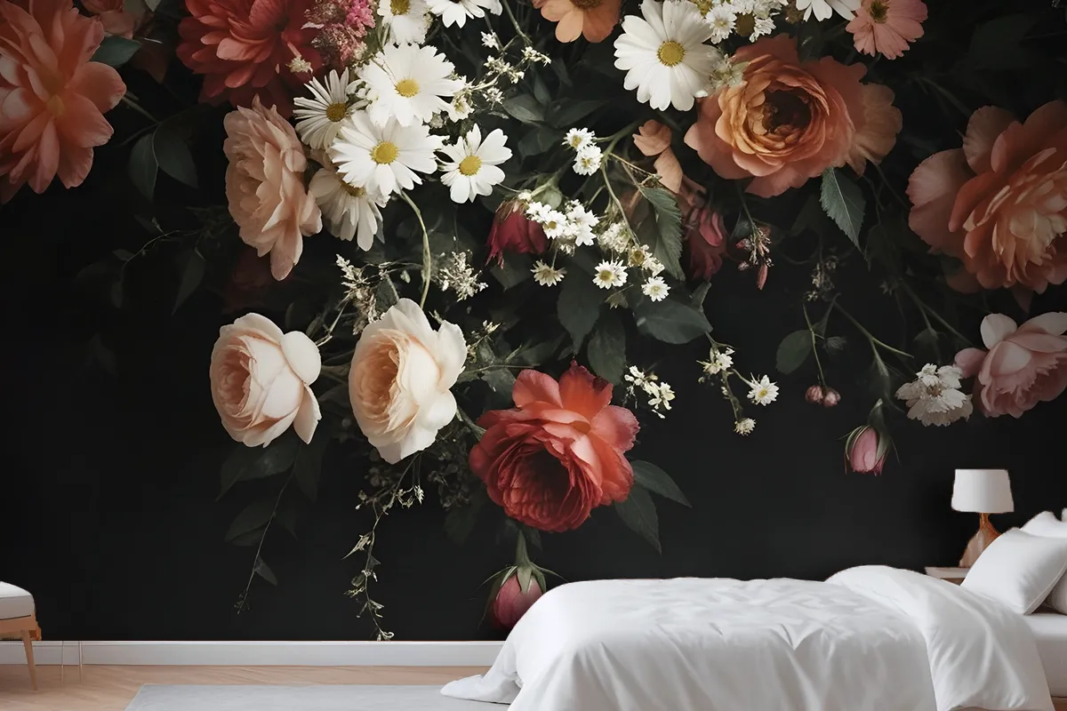 Fototapete Ein Strauß Lebendiger Blumen Fürs Schlafzimmer Im VintageStil