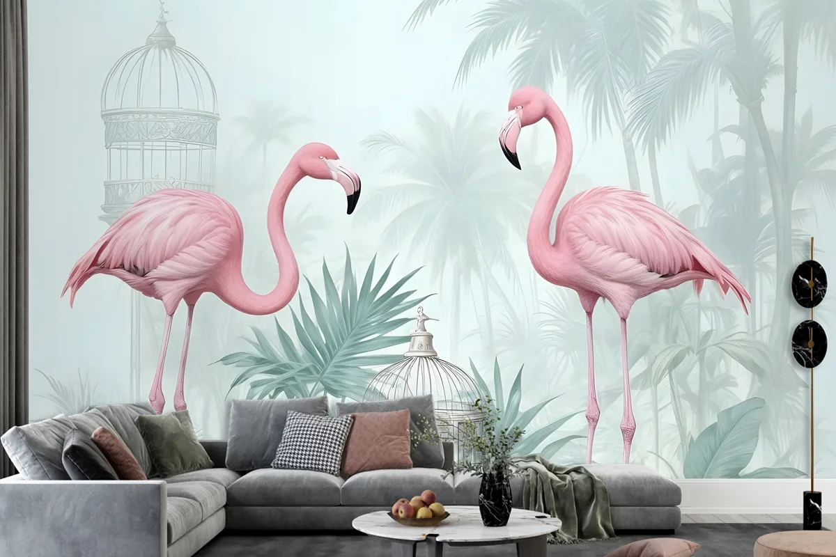 Fototapete VintageFlamingo In Rosa Mit Tropischen Blättern