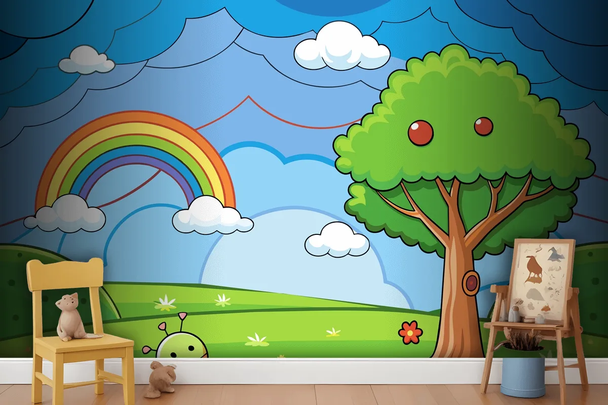 Eine Farbenfrohe Illustration Eines Regenbogens Mit Einem Baum Und Einem Regenbogen Im FototapetenWandbild