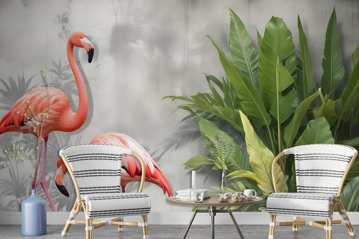 Fototapete Rosa Flamingo Mit Tropischen Blättern Im 3DLook