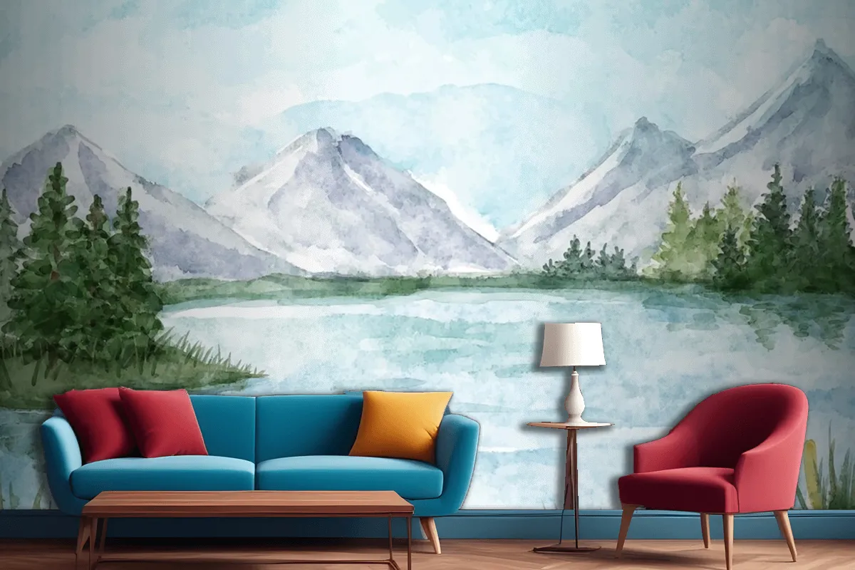 Fototapete Seelandschaft In Aquarell Für Wohnzimmer