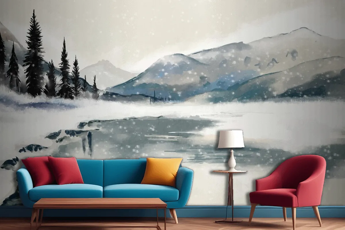 Fototapete Winterlandschaft Aquarell Fürs Wohnzimmer