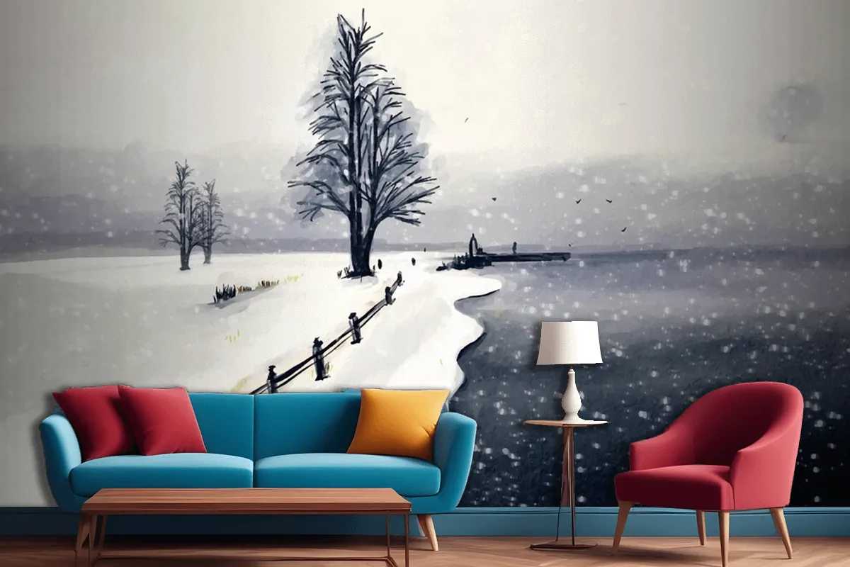 Fototapete Winterlandschaft In Aquarell