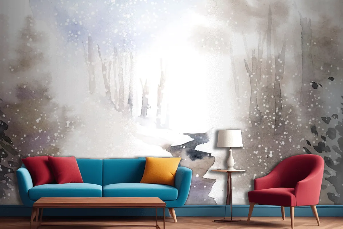 Fototapete Winterwunderlandlandschaft Gemalt Mit Wasserfarben Für Das Wohnzimmer