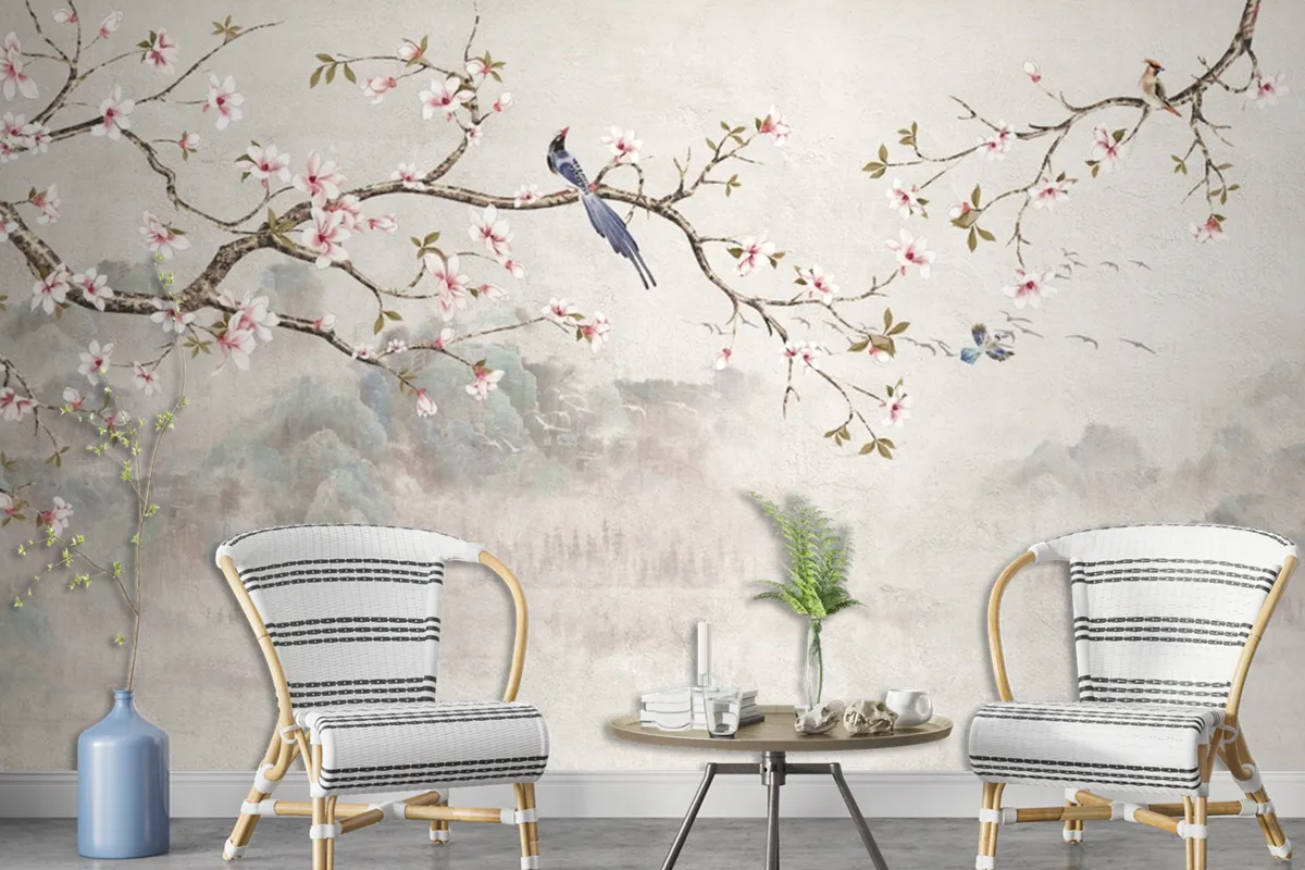 Fototapete Chinoiserie Mit Kirschblüten Und Vögeln