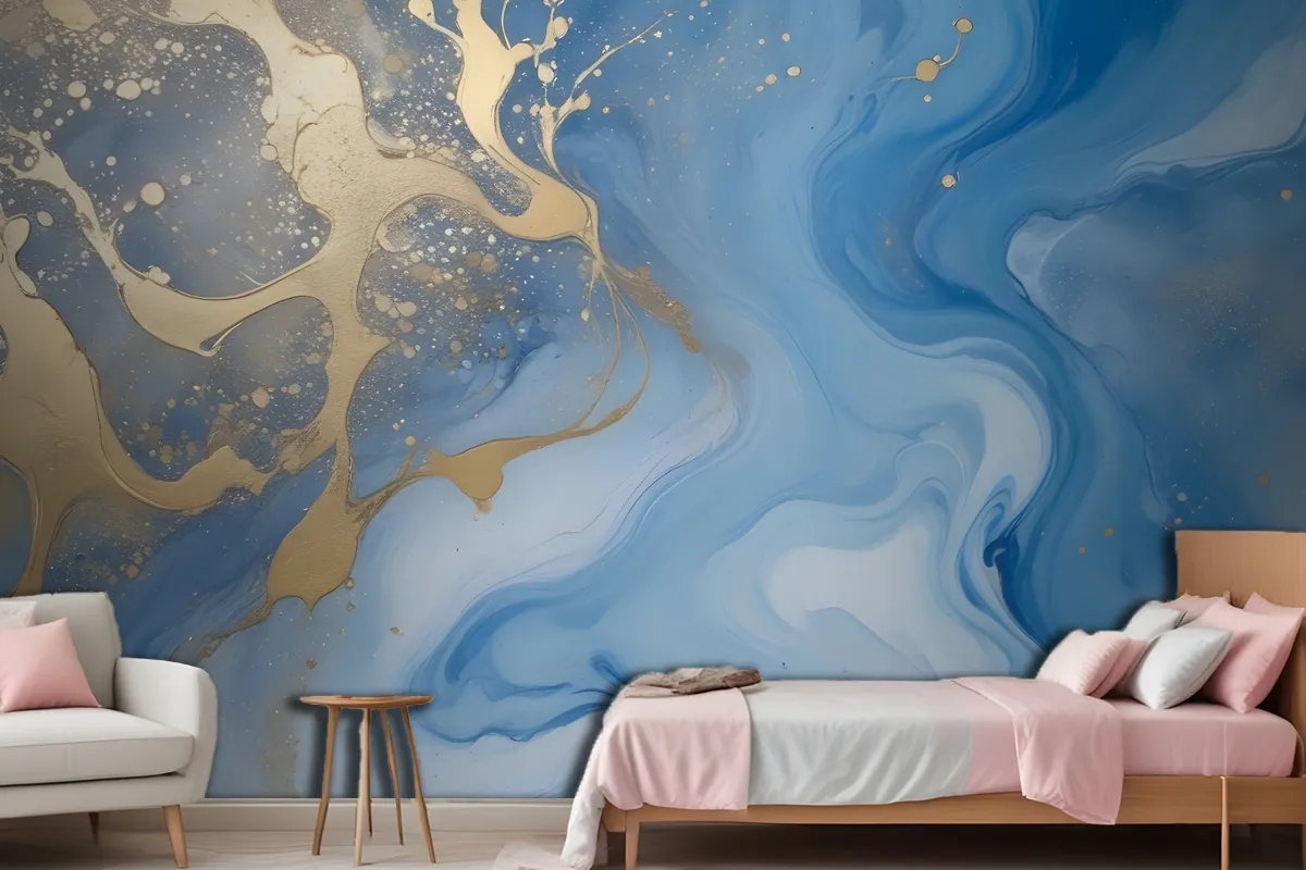 Fototapete Abstrakte Fluid Art Malerei Blau Und Gold Fürs Schlafzimmer