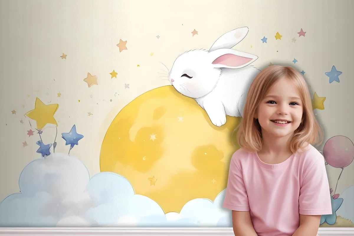 Baby Cartoon Hase und Gelber Mond Tapetenbild