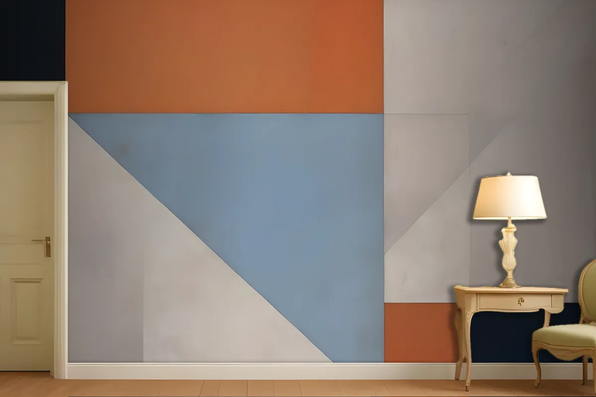 Fototapete Geometrische Abstrakte Komposition Mit Verschiedenen Formen Und Farben Einschließlich Orange Blau Und Grau