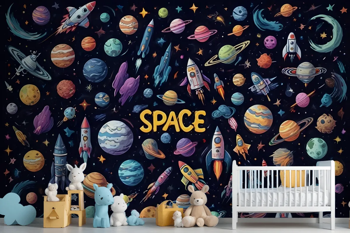 Fototapete Cartoon Weltraum Mit Astronauten Und Bunten Planeten Für Kinder