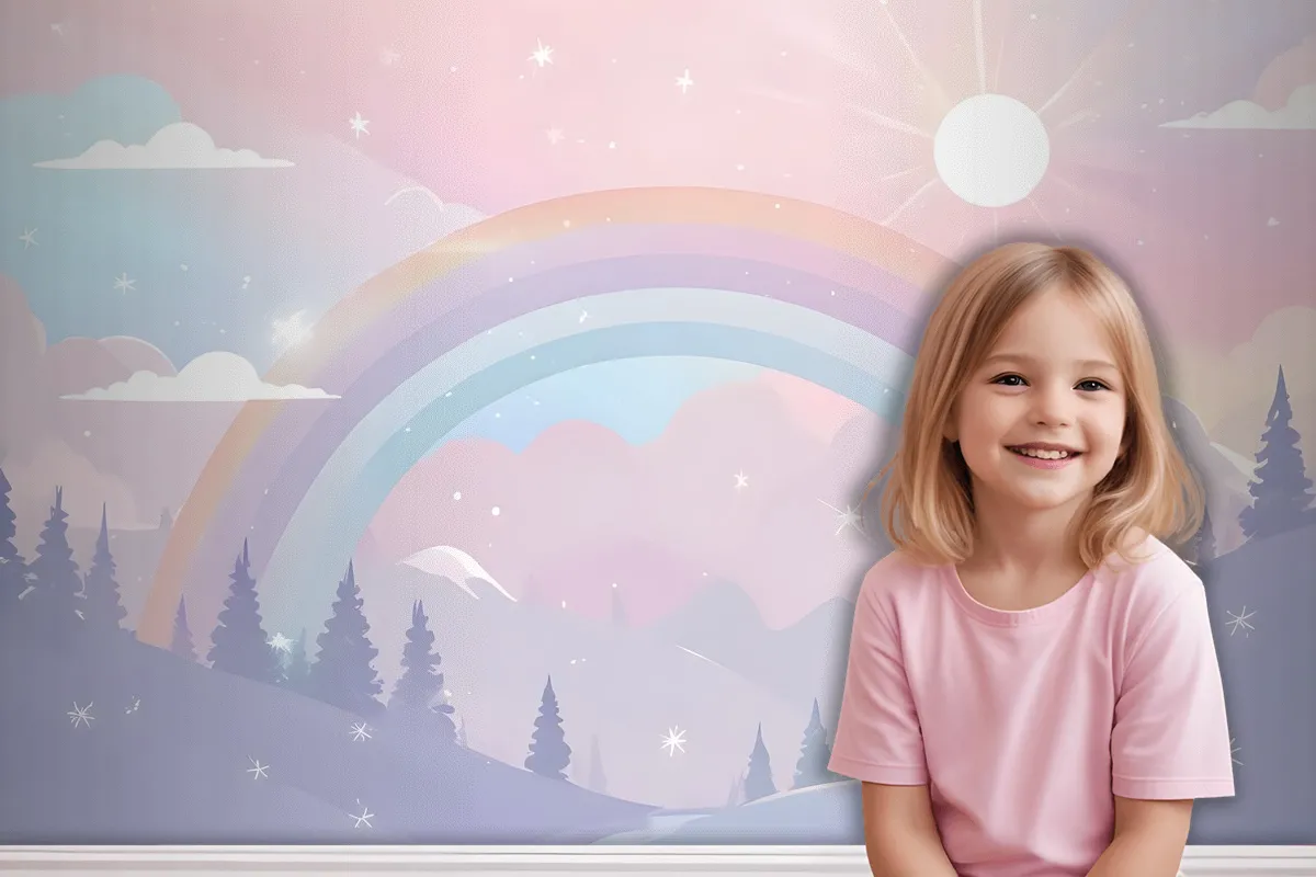 Fototapete Regenbogen Mit Bunten Bergen Und Leuchtenden Sternen Fürs Kinderzimmer