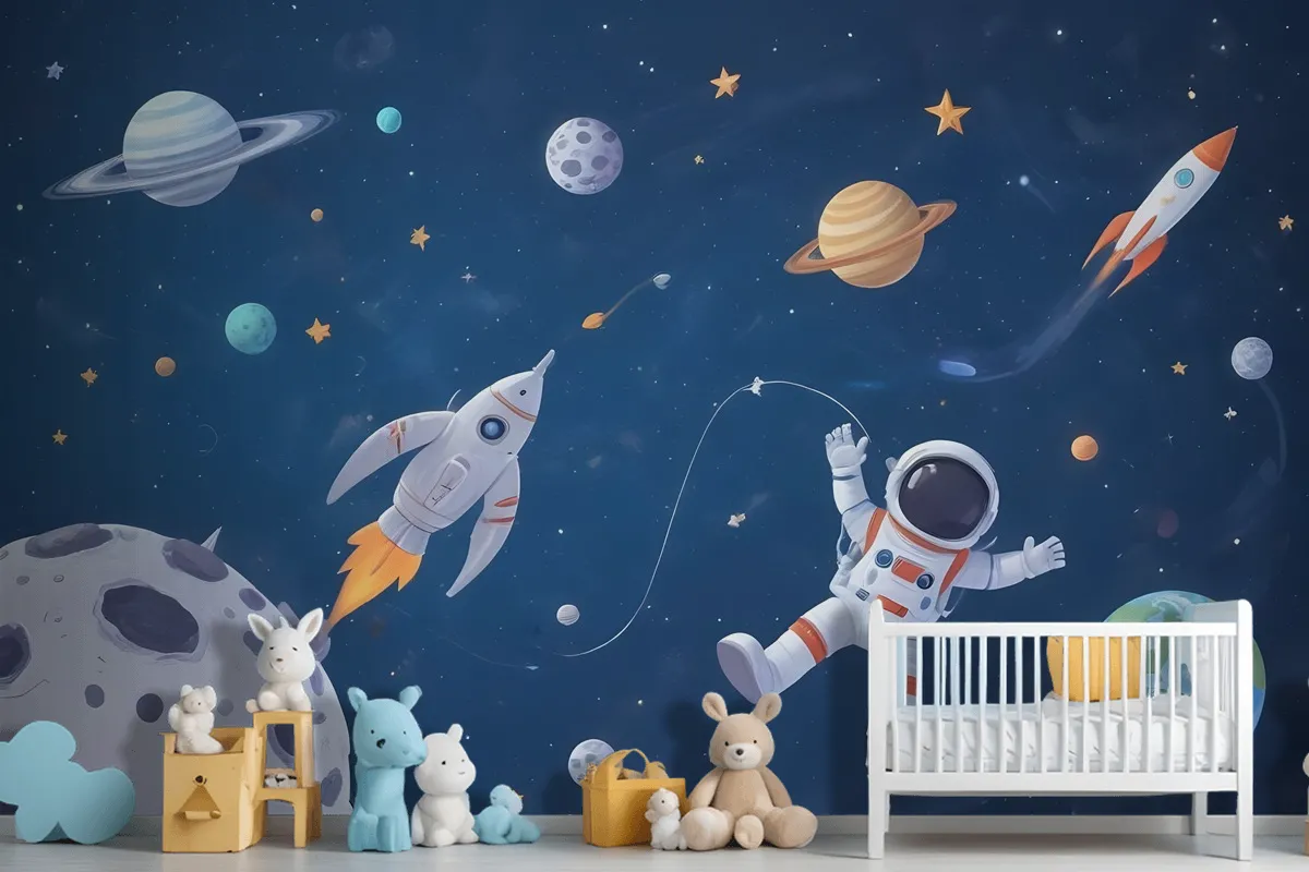 Fototapete Weltraum Mit Raumschiff Und Astronauten In Aquarell Für Kinder