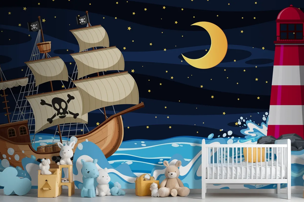 Fototapete Meeresszene Bei Nacht Mit Piratenschiff Im CartoonStil