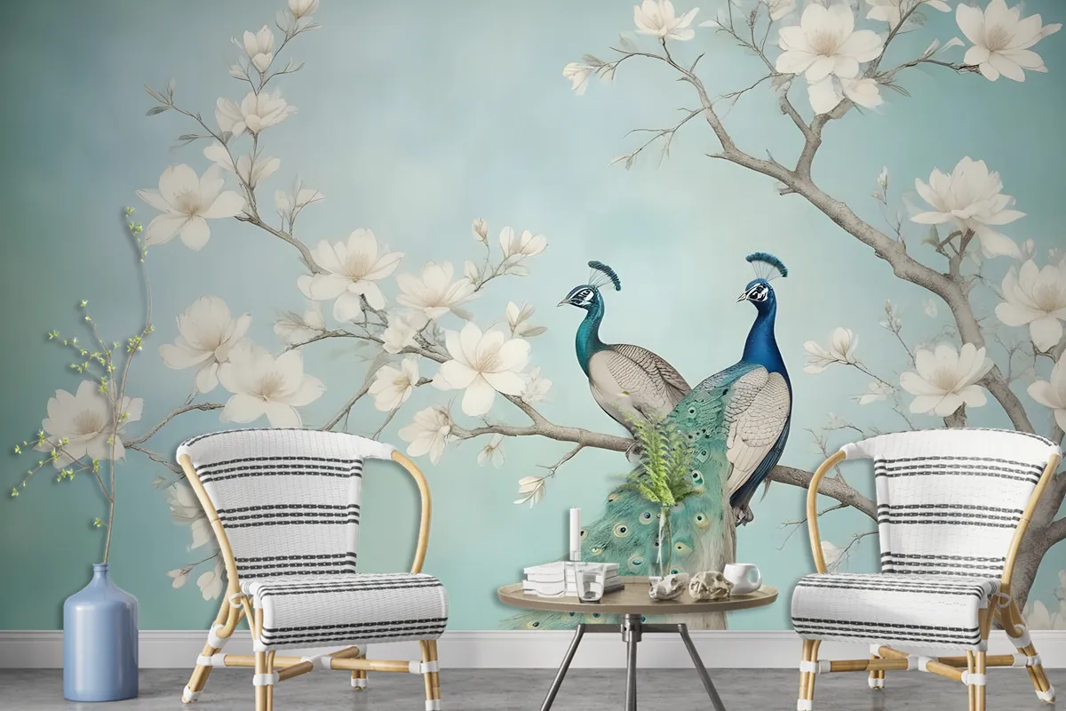 Fototapete Pfau Mit Magnolienblüte