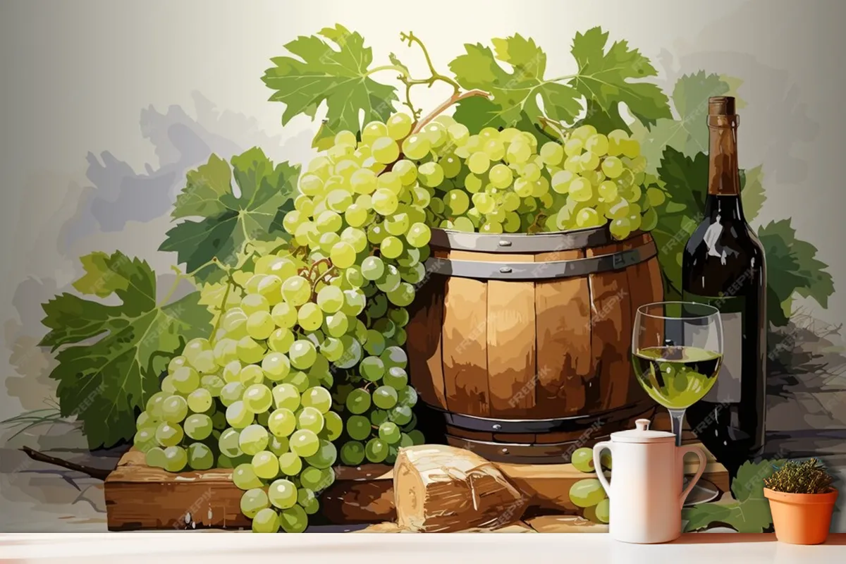 Fototapete Stillleben Mit Einer Flasche Weißwein Einem Glas Wein Und Trauben Auf Einem Tisch In Den Weinbergen