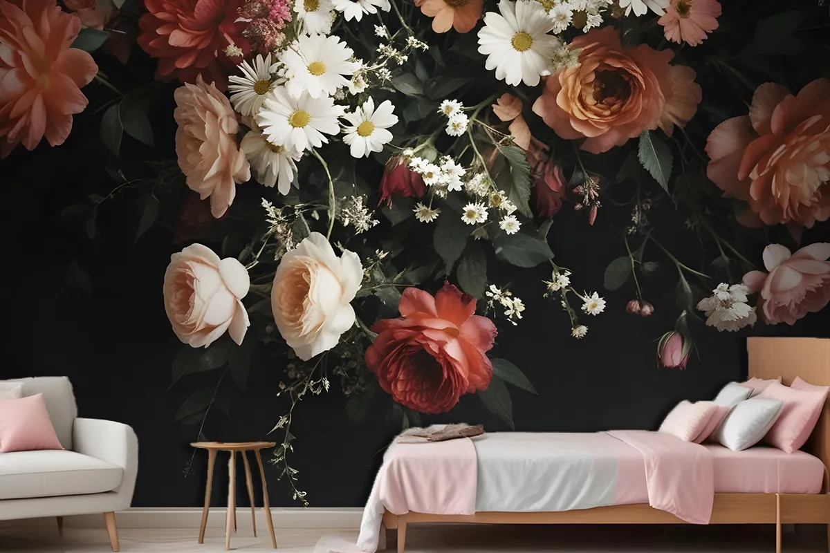 Fototapete Ein Strauß Lebendiger Blumen Fürs Schlafzimmer Im VintageStil